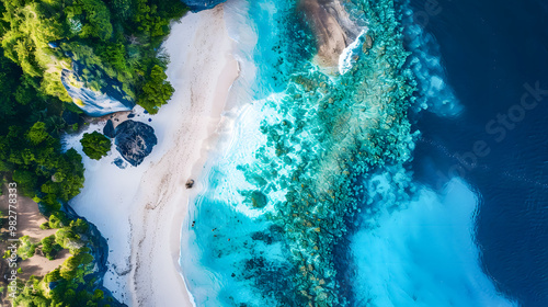 Fototapeta Naklejka Na Ścianę i Meble -  top view of beautiful tropical island with dense trees, with white sand beach and clear blue waters. concept of vacation with family. 4K Island Wallpaper