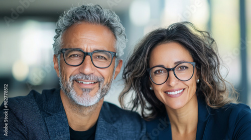 Smiling man and woman wearing glasses.