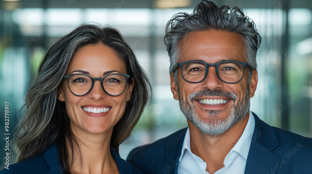 A smiling man and woman in business attire A smiling man and woman in business attire