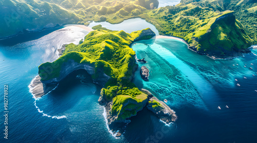 Fototapeta Naklejka Na Ścianę i Meble -  top view of beautiful tropical island with dense trees, with white sand beach and clear blue waters. concept of vacation with family. 4K Island Wallpaper