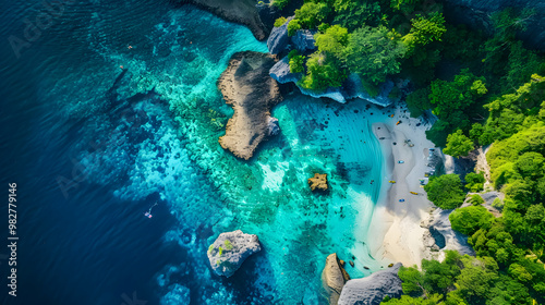 Fototapeta Naklejka Na Ścianę i Meble -  top view of beautiful tropical island with dense trees, with white sand beach and clear blue waters. concept of vacation with family. 4K Island Wallpaper