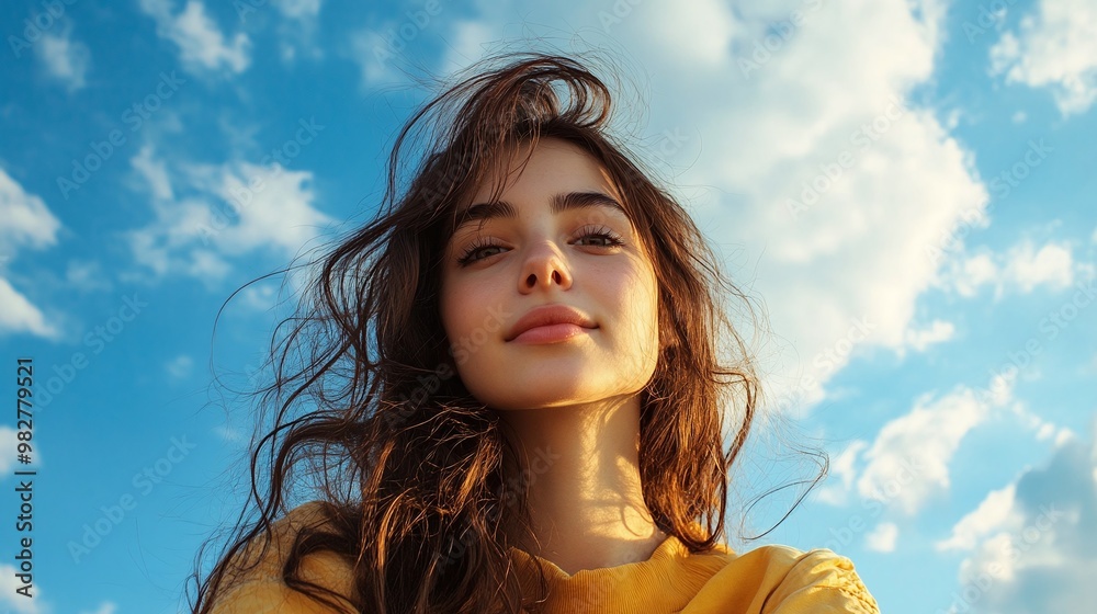 vibrant energy and bold attitude radiating from a confident young woman against the sky, embracing modern urban empowerment vibrant energy and bold attitude radiating from a confident young woman against the sky, embracing modern urban empowerment