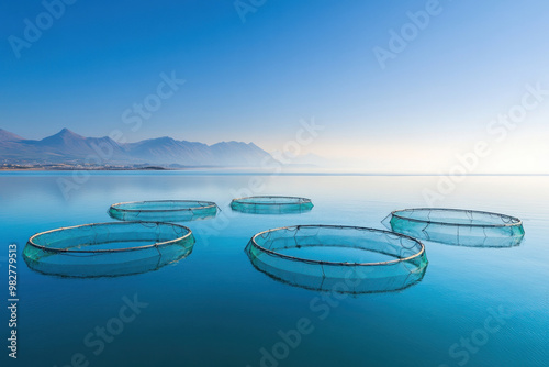 Sustainable fish farm with nets in a coastal bay, waves gently lapping, aquaculture, sustainable seafood production photo