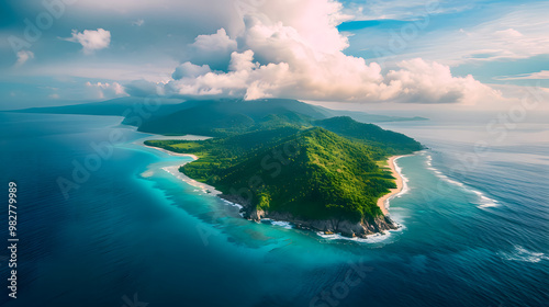 Fototapeta Naklejka Na Ścianę i Meble -  top view of beautiful tropical island with dense trees, with white sand beach and clear blue waters. concept of vacation with family. 4K Island Wallpaper