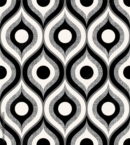 Retro midcentury textured ogee ovals black white Vector pattern. Black & white Retro 70s ogee and circles geometrics with grey fabric texture.