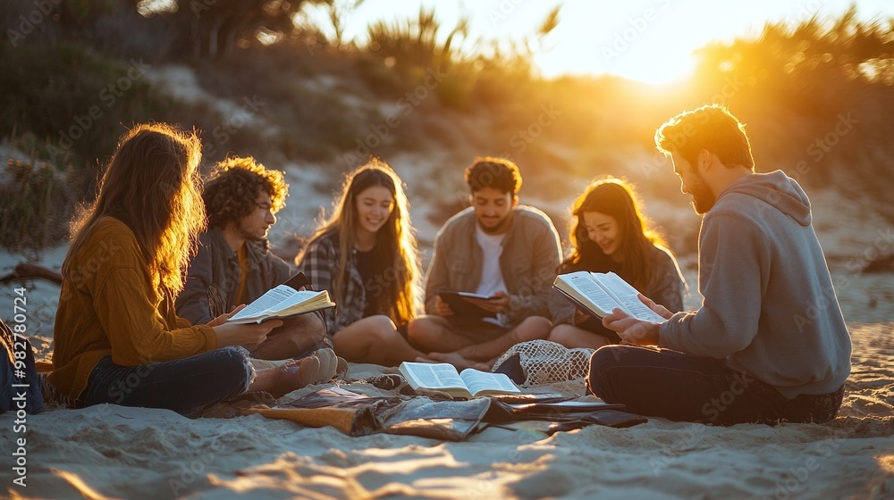 Fototapeta premium faith-filled bible study on the beach with a group of young adults discussing scripture, praying, and reflecting on their spirituality in a peaceful environment