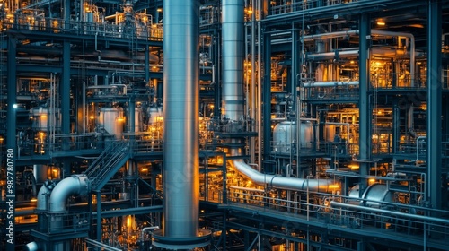 The extensive industrial infrastructure of a chemical plant, including piping, reactors, And heavy machinery