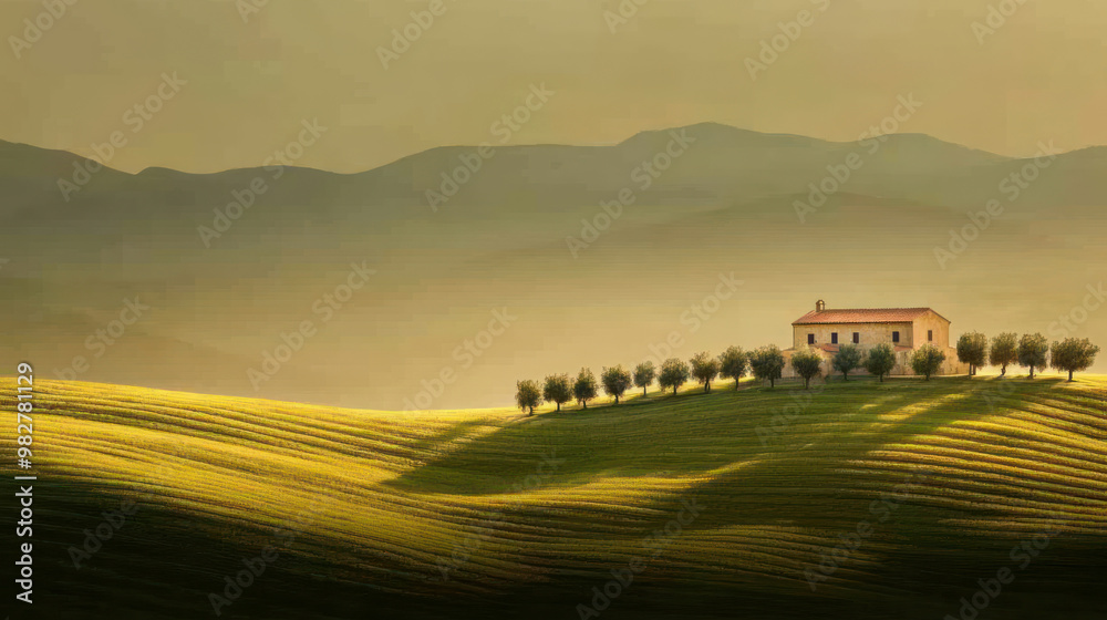 Fototapeta premium Rows of olive trees on a Mediterranean hillside, with a rustic farmhouse in the background, agriculture, olive farming