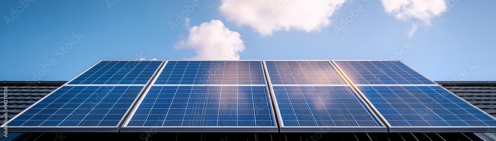 A close-up view of solar panels on a roof under a clear blue sky with bright sunlight shining off the surface. A close-up view of solar panels on a roof under a clear blue sky with bright sunlight shining off the surface.