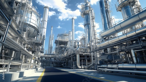 The extensive industrial infrastructure of a chemical plant, including piping, reactors, And heavy machinery