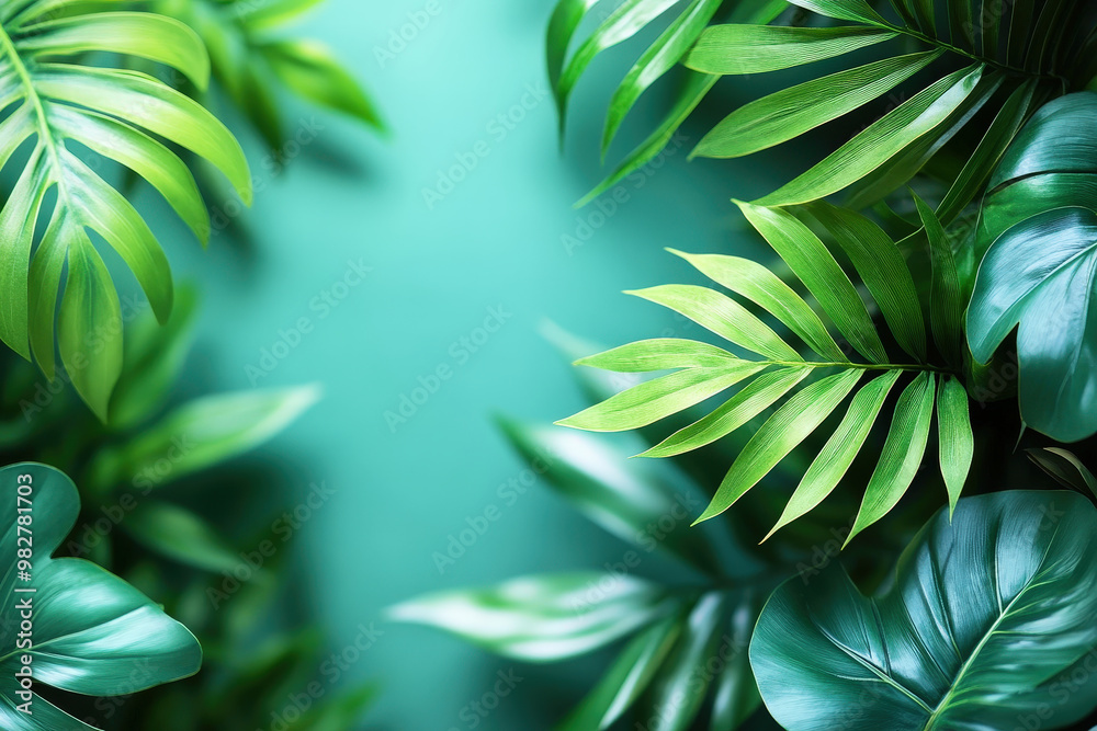 Tropical Tranquility: Lush green tropical leaves frame a vibrant teal backdrop, offering a serene and inviting space for text or design. Tropical Tranquility: Lush green tropical leaves frame a vibrant teal backdrop, offering a serene and inviting space for text or design.