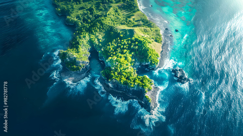 Fototapeta Naklejka Na Ścianę i Meble -  top view of beautiful tropical island with dense trees, with white sand beach and clear blue waters. concept of vacation with family. 4K Island Wallpaper