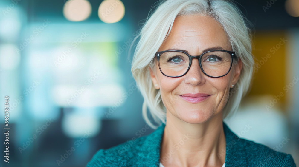 A woman with short, white hair and glasses smiles softly. A woman with short, white hair and glasses smiles softly.
