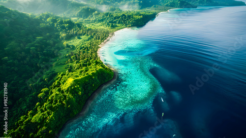 Fototapeta Naklejka Na Ścianę i Meble -  top view of beautiful tropical island with dense trees, with white sand beach and clear blue waters. concept of vacation with family. 4K Island Wallpaper