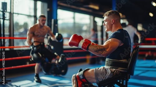 Men's adaptive boxing session, featuring athletes with disabilities training with specialized equipment photo