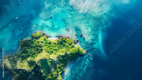 Fototapeta Naklejka Na Ścianę i Meble -  top view of beautiful tropical island with dense trees, with white sand beach and clear blue waters. concept of vacation with family. 4K Island Wallpaper