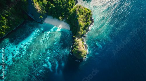 Fototapeta Naklejka Na Ścianę i Meble -  top view of beautiful tropical island with dense trees, with white sand beach and clear blue waters. concept of vacation with family. 4K Island Wallpaper