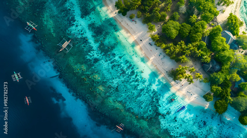 Fototapeta Naklejka Na Ścianę i Meble -  top view of beautiful tropical island with dense trees, with white sand beach and clear blue waters. concept of vacation with family. 4K Island Wallpaper