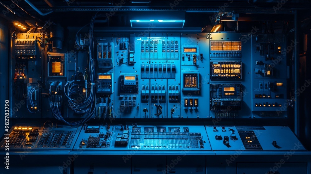 The intricate electrical control panel glows under blue lighting, showcasing numerous switches, wires, and power boards in a modern industrial setting The intricate electrical control panel glows under blue lighting, showcasing numerous switches, wires, and power boards in a modern industrial setting