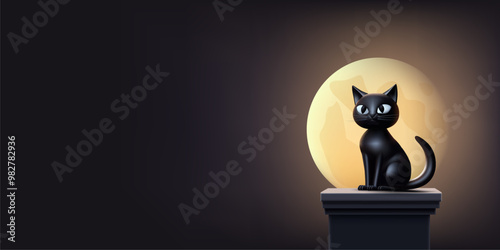 The black cat on the roof sits on the chimney against the background of the full moon, 3D. Cute, mystical image of a cat at night, against the background of moonlight. Vector