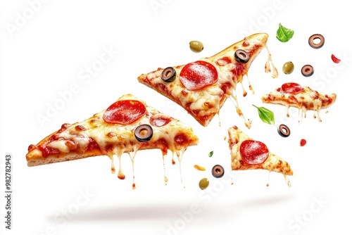 Pizza slice flying, isolated on white background. Delicious peperoni pizza slices pepperonis and olives, with melting cheese, ai photo