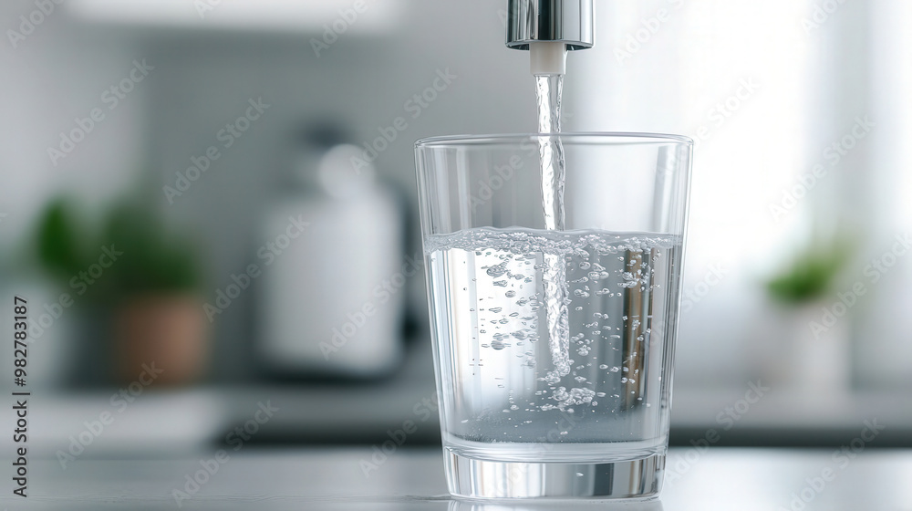 Refreshing water filling a glass cup in a sleek kitchen, showcasing a commitment to health and cleanliness in a contemporary living space.