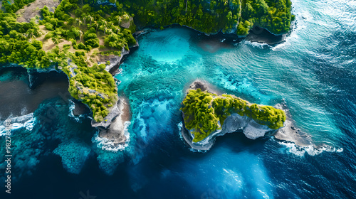 Fototapeta Naklejka Na Ścianę i Meble -  top view of beautiful tropical island with dense trees, with white sand beach and clear blue waters. concept of holiday with family. 4K Island Wallpaper