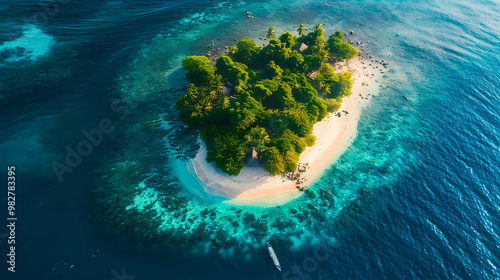 Fototapeta Naklejka Na Ścianę i Meble -  top view of beautiful tropical island with dense trees, with white sand beach and clear blue waters. concept of holiday with family. 4K Island Wallpaper