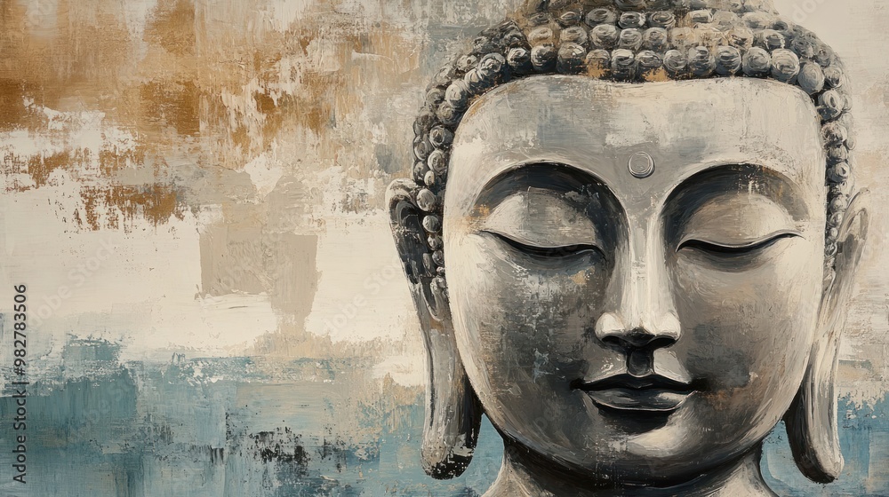 Minimalist Buddha painting with simple lines and a muted color palette, emphasizing the calm and serene nature of Buddha's expression Minimalist Buddha painting with simple lines and a muted color palette, emphasizing the calm and serene nature of Buddha's expression