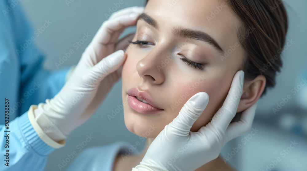 Close-Up of Woman's Face During Skincare Consultation: Expert Hands in Gloves Examine Skin for Treatment. Skincare & Facial Treatment. Close-Up of Woman's Face During Skincare Consultation: Expert Hands in Gloves Examine Skin for Treatment. Skincare & Facial Treatment.