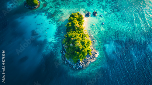 Fototapeta Naklejka Na Ścianę i Meble -  top view of beautiful tropical island with dense trees, with white sand beach and clear blue waters. concept of holiday with family. 4K Island Wallpaper