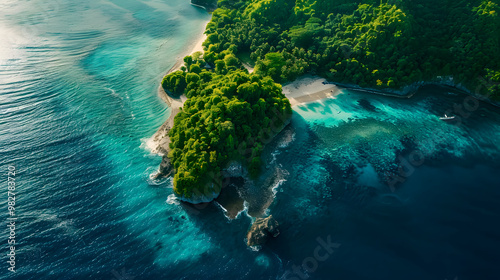 Fototapeta Naklejka Na Ścianę i Meble -  top view of beautiful tropical island with dense trees, with white sand beach and clear blue waters. concept of holiday with family. 4K Island Wallpaper