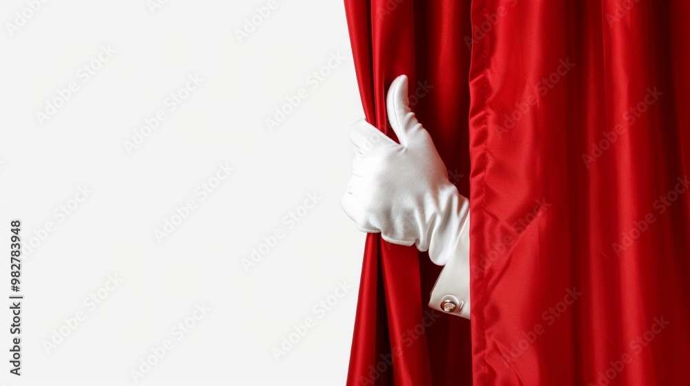 hand with white gloves opening a red curtain with a white background. mockup concept hand with white gloves opening a red curtain with a white background. mockup concept