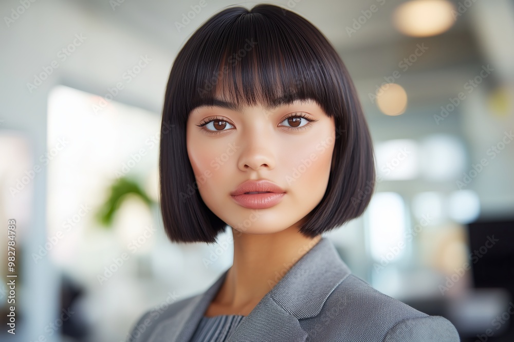 professional woman with a sharp bob haircut and blunt bangs, dressed in an oversized gray wool blazer exuding a structured and avant garde look, modern open office in the background professional woman with a sharp bob haircut and blunt bangs, dressed in an oversized gray wool blazer exuding a structured and avant garde look, modern open office in the background