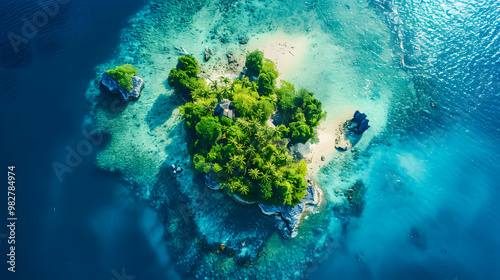 Fototapeta Naklejka Na Ścianę i Meble -  top view of beautiful tropical island with dense trees, with white sand beach and clear blue waters. concept of holiday with family. 4K Island Wallpaper