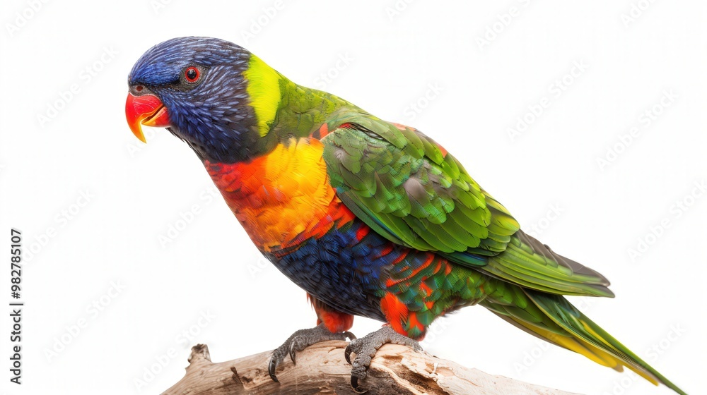 Obraz premium Vibrant Rainbow Lorikeet on Branch, A stunning side view showcasing the bird's vivid plumage against a clean white backdrop, ideal for promotional use with ample copy space.