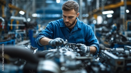 Young Engineer Working on Engine Assembly Line. Young engineer in a blue uniform working diligently on the engine assembly line, emphasizing skill and precision in manufacturing