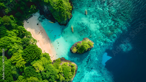 Fototapeta Naklejka Na Ścianę i Meble -  top view of beautiful tropical island with dense trees, with white sand beach and clear blue waters. concept of holiday with family. 4K Island Wallpaper