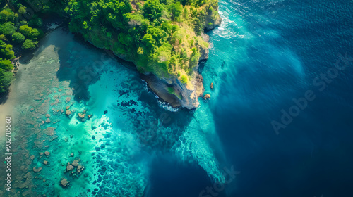 Fototapeta Naklejka Na Ścianę i Meble -  top view of beautiful tropical island with dense trees, with white sand beach and clear blue waters. concept of holiday with family. 4K Island Wallpaper