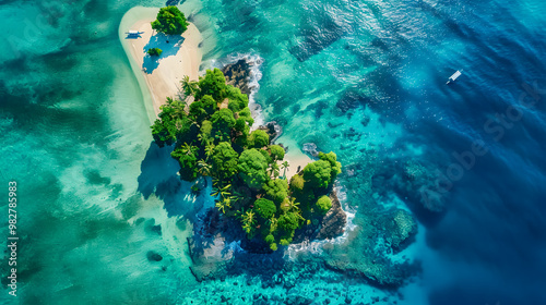 Fototapeta Naklejka Na Ścianę i Meble -  top view of beautiful tropical island with dense trees, with white sand beach and clear blue waters. concept of holiday with family. 4K Island Wallpaper