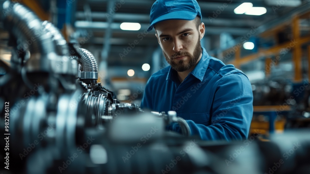 Young Engineer Working on Engine Assembly Line. Young engineer in a blue uniform working diligently on the engine assembly line, emphasizing skill and precision in manufacturing Young Engineer Working on Engine Assembly Line. Young engineer in a blue uniform working diligently on the engine assembly line, emphasizing skill and precision in manufacturing