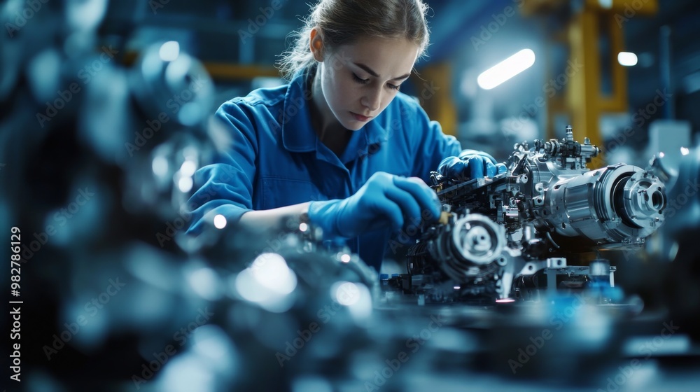 Young Engineer Working on Engine Assembly Line. Young engineer in a blue uniform working diligently on the engine assembly line, emphasizing skill and precision in manufacturing Young Engineer Working on Engine Assembly Line. Young engineer in a blue uniform working diligently on the engine assembly line, emphasizing skill and precision in manufacturing