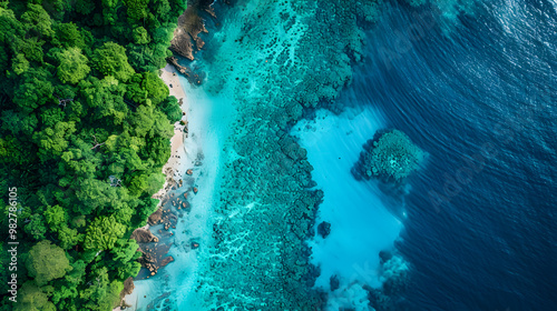 Fototapeta Naklejka Na Ścianę i Meble -  top view of beautiful tropical island with dense trees, with white sand beach and clear blue waters. concept of holiday with family. 4K Island Wallpaper