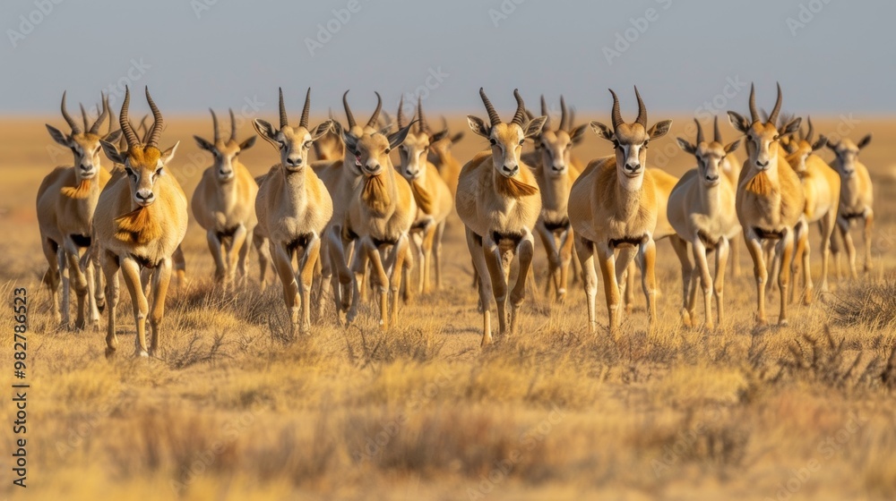 Herd of Antelopes Running Across Arid African Savanna Landscape