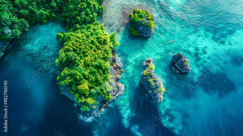 Fototapeta Naklejka Na Ścianę i Meble -  top view of beautiful tropical island with dense trees, with white sand beach and clear blue waters. concept of holiday with family. 4K Island Wallpaper