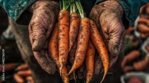 Hands holding freshly harvested, muddy carrots, showcasing agricultural produce.