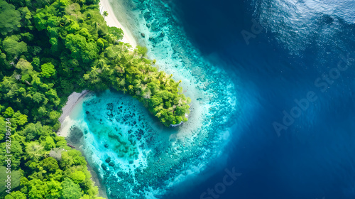 Fototapeta Naklejka Na Ścianę i Meble -  top view of beautiful tropical island with dense trees, with white sand beach and clear blue waters. concept of holiday with family. 4K Island Wallpaper