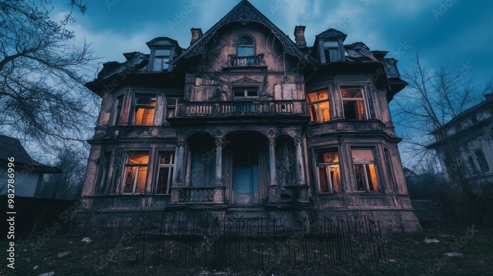 A dilapidated mansion with glowing windows, set against a moody twilight sky.