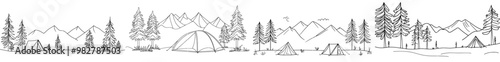 Continually drawn campsite. Camping area. Black linear sketch isolated on white background. Modern illustration.