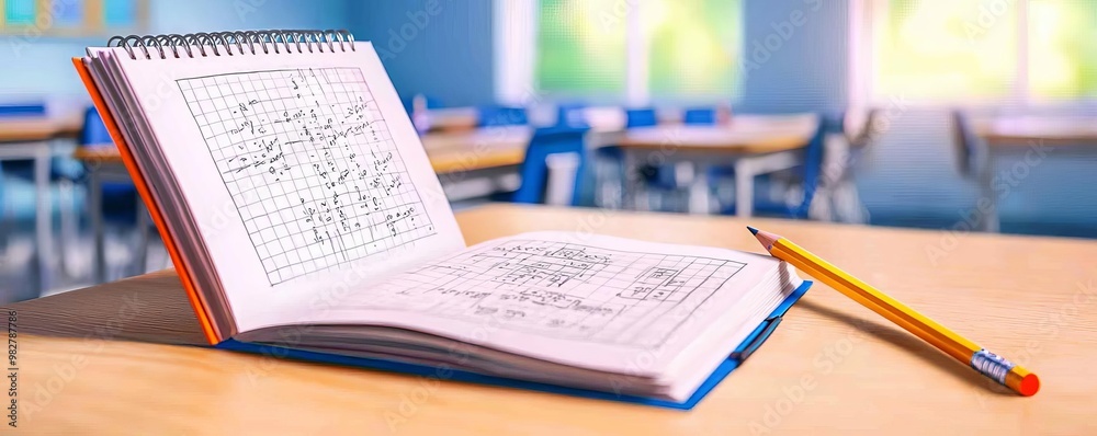 Obraz premium Student Desk in Math Class with an open notebook showing a complex equation